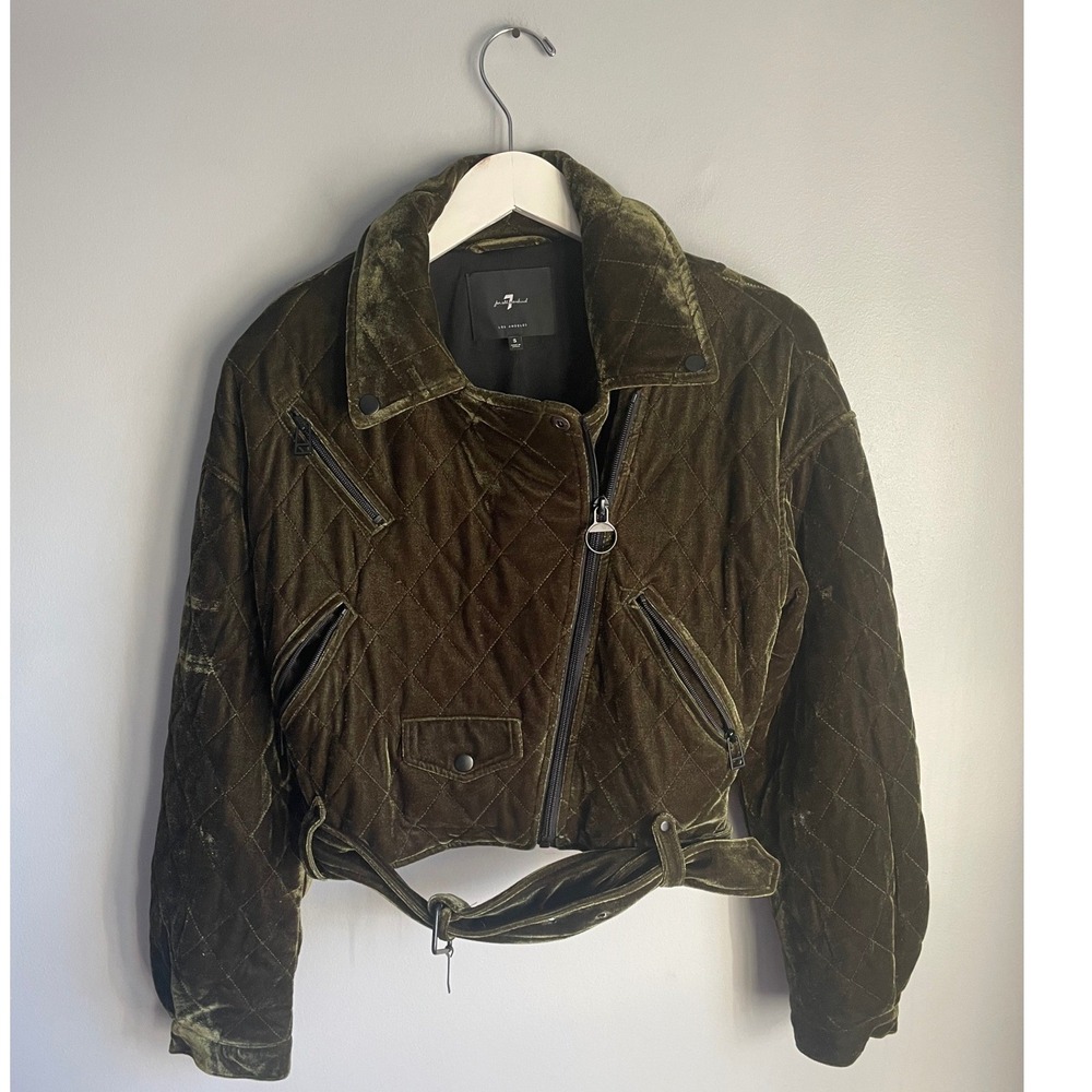 7 For All Mankind Womens Olive Green Quilted Velvet Moto Jacket Belted Size S